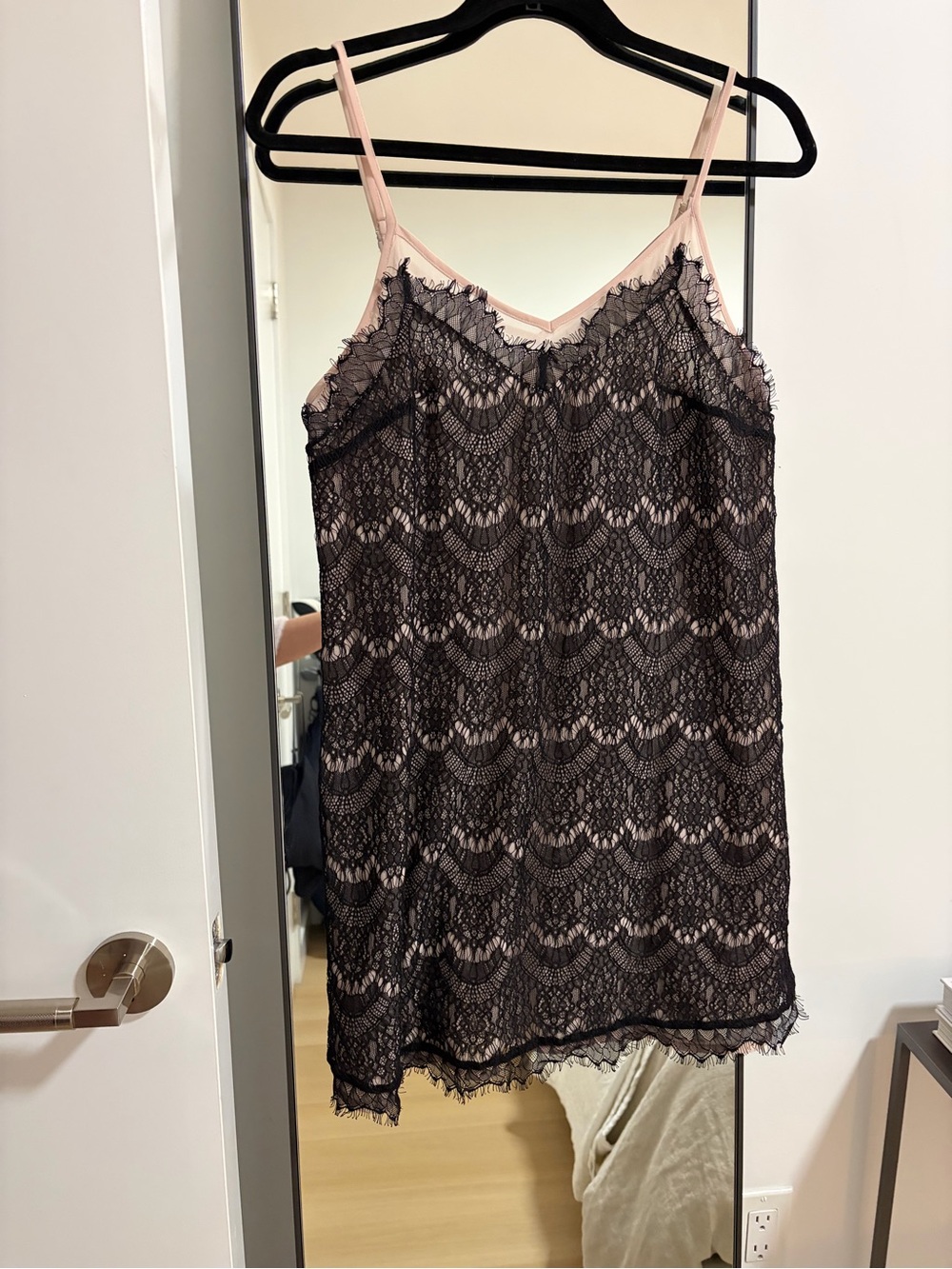 Anthropologie E by Eloise Black Lace Overlay Eyelash Lace Slip Dress pink lining